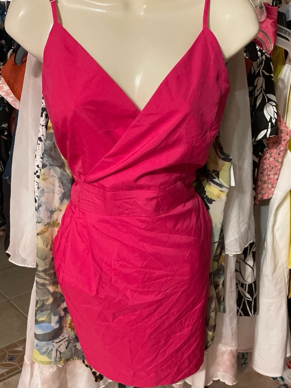 Women's Hot Pink Spaghetti-Strap Wrap short Dress